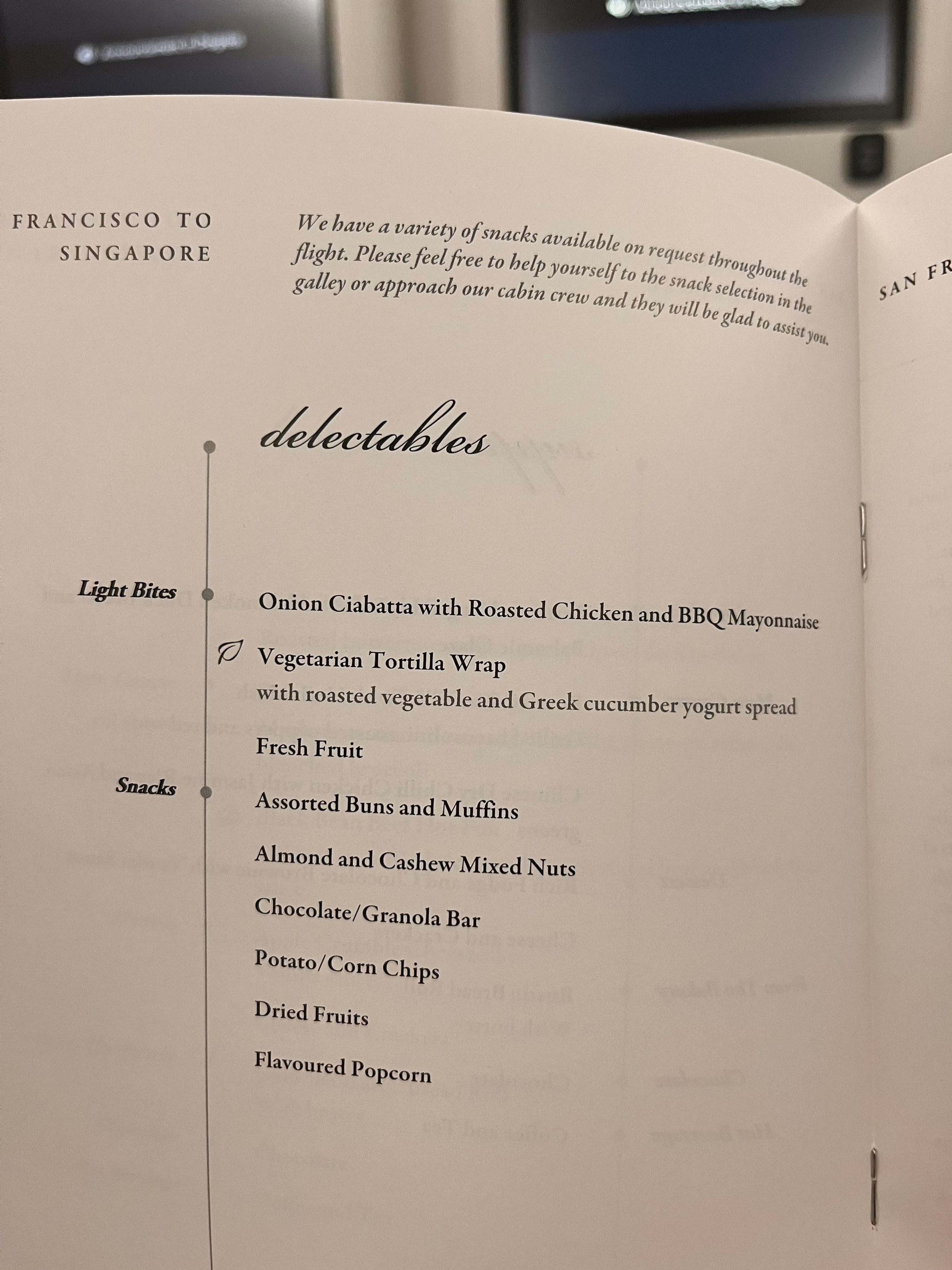 Singapore Airlines Premium Economy Menu