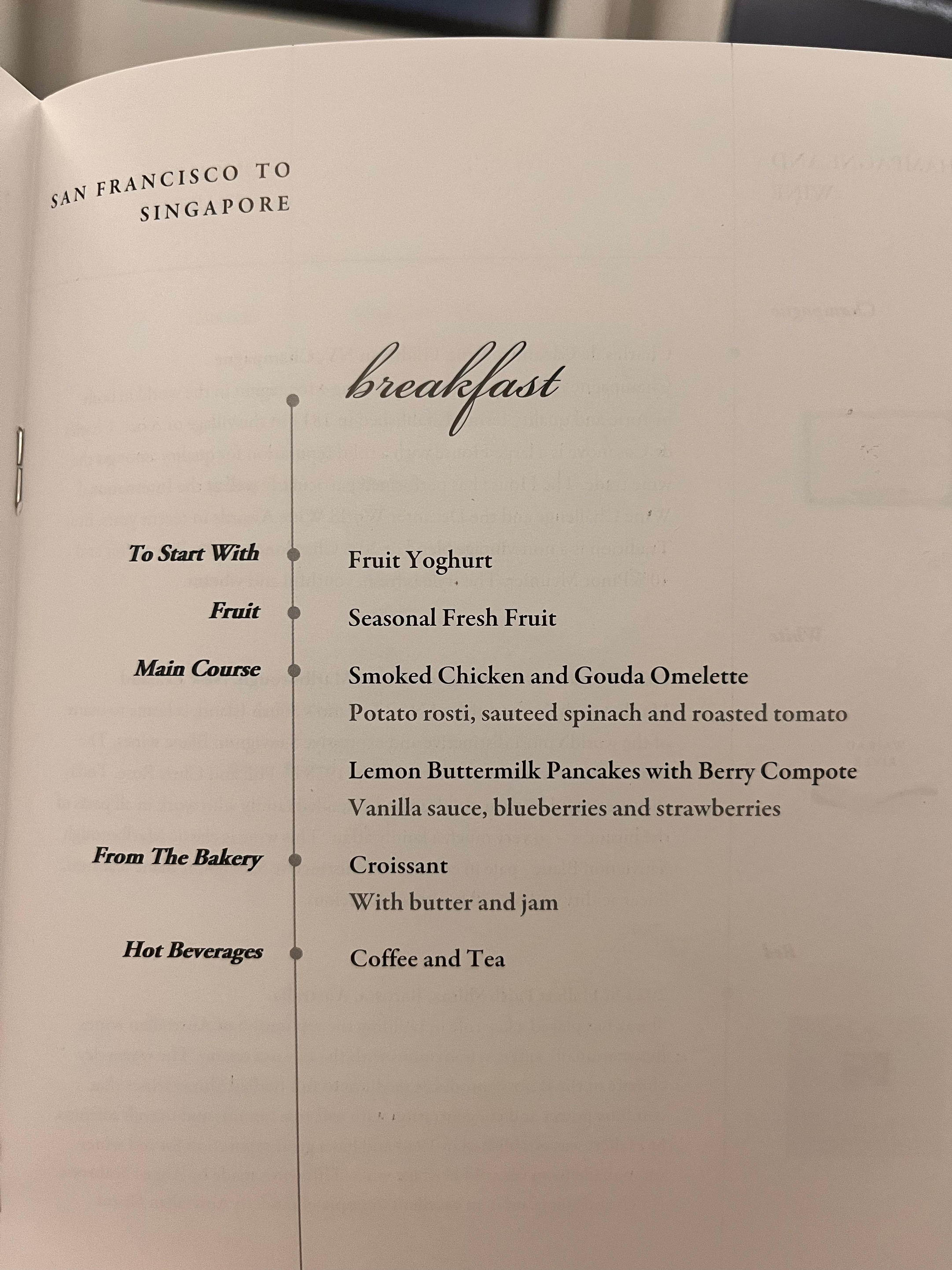 Singapore Airlines Premium Economy Breakfast Menu