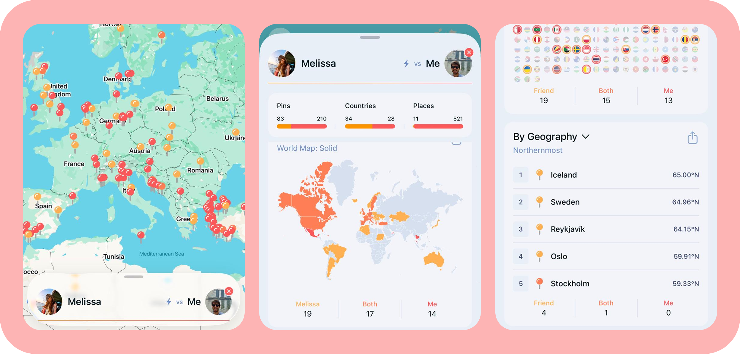 Pin Traveler VS mode showing two travel maps side by side