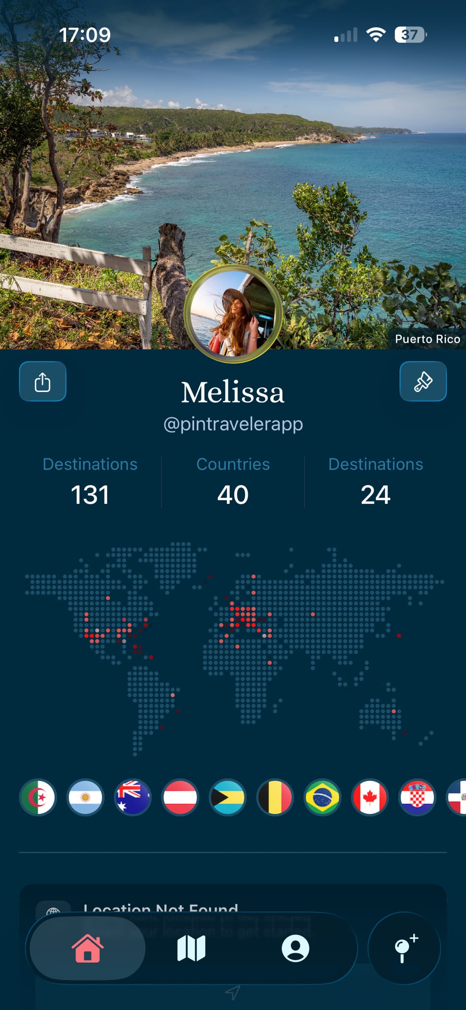 PinTraveler travel map profile in dark mode