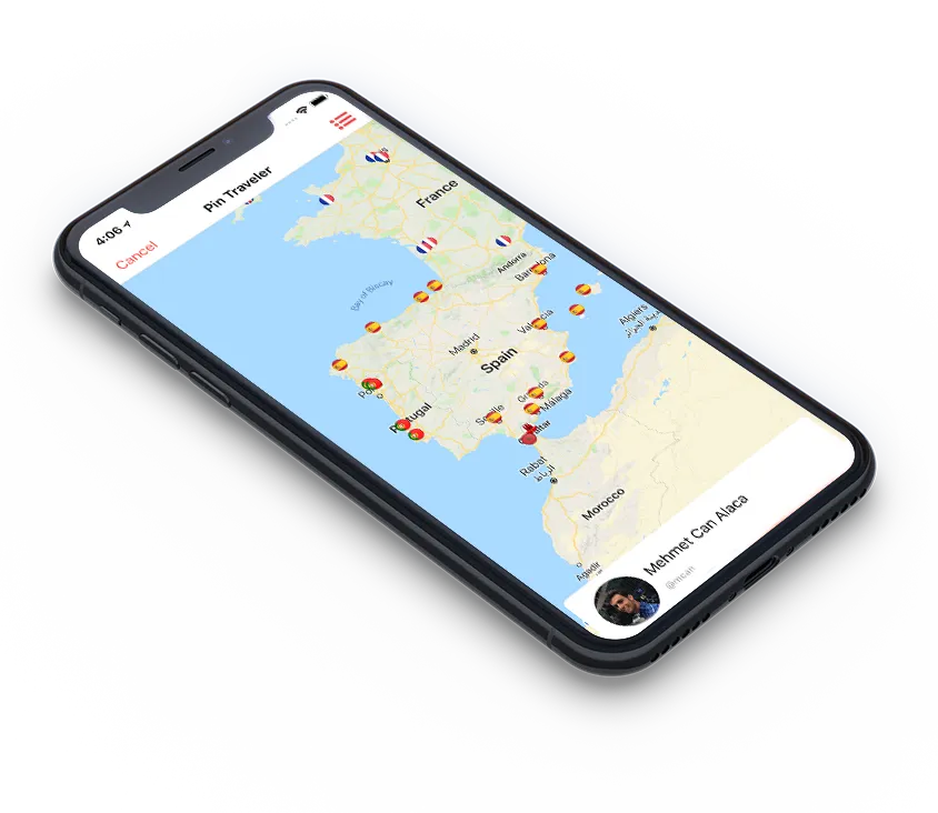 Pin Traveler app interface showing multiple screens
