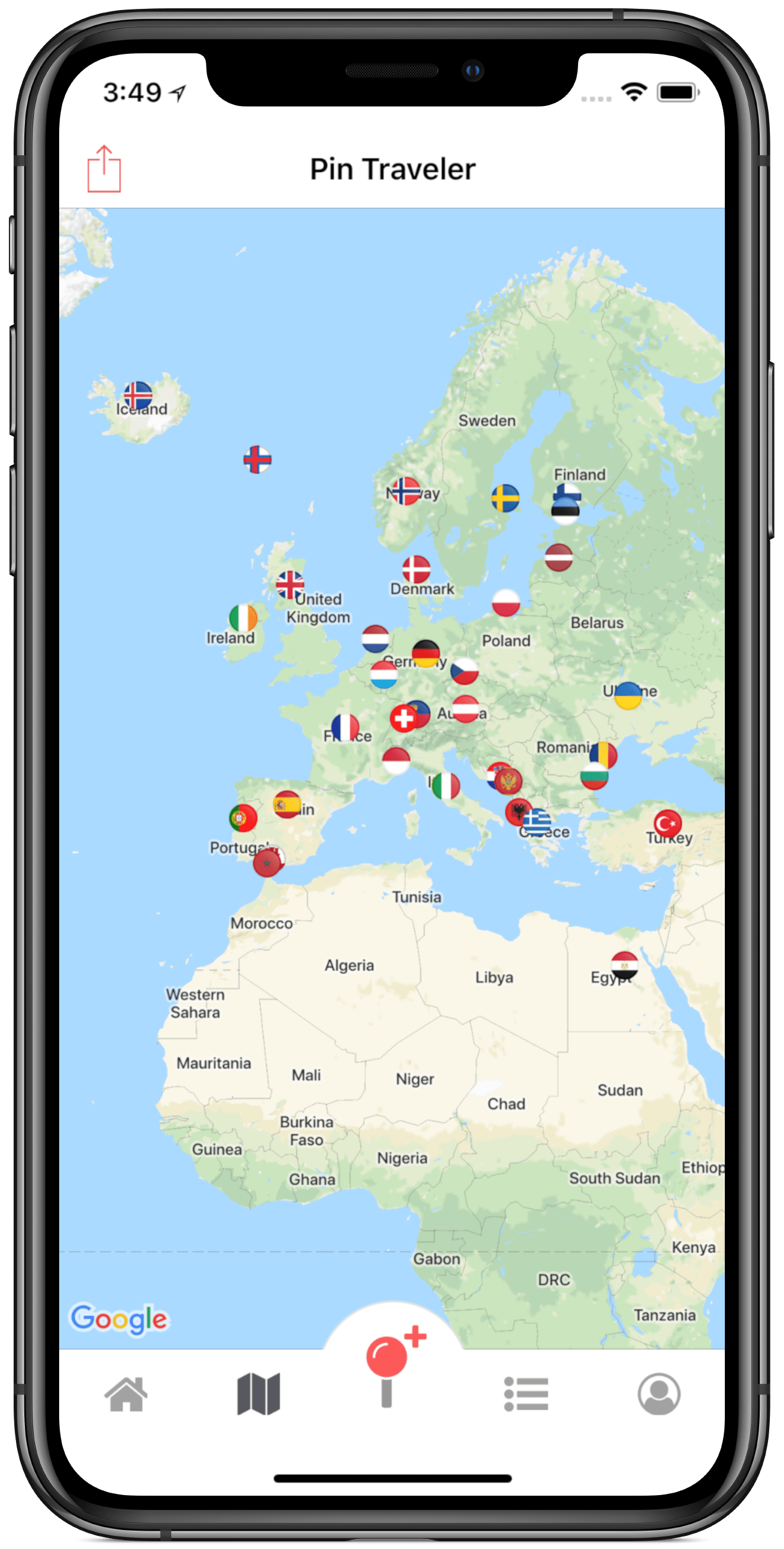 Pin Traveler map screen